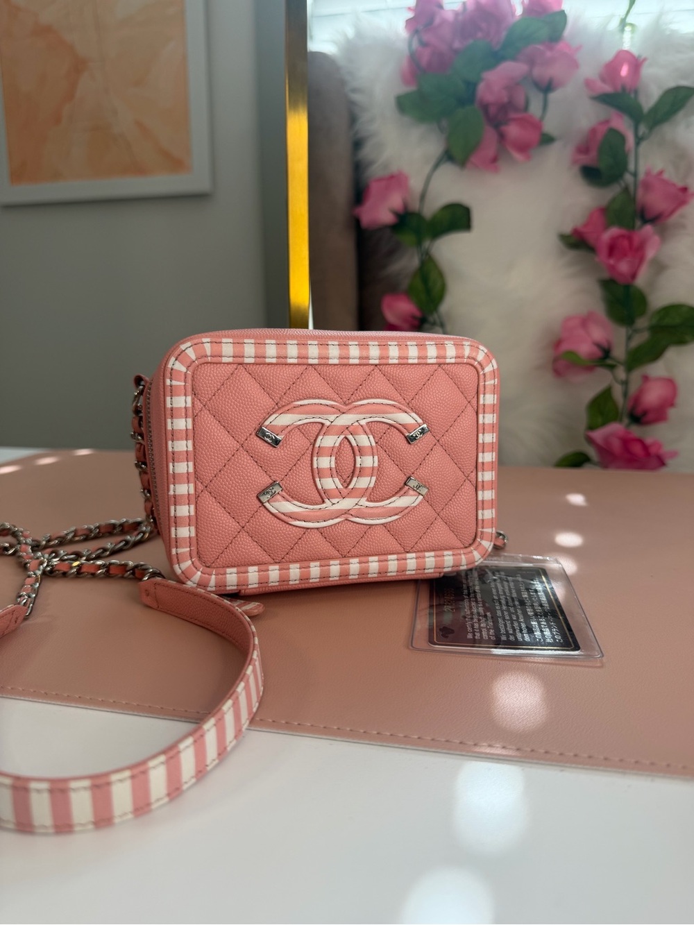 Chanel Pink Caviar Leather Striped La Pausa Camera Bag Case Crossbody Black Card